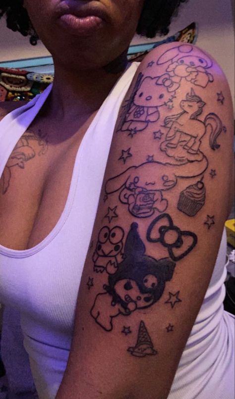 hello kitty, my melody, unicorn tattoo Y2k Arm Sleeve Tattoo, Blurry Tattoo Ideas, Coo Leray Tattoos, Dna Test Results Positive, 2000s Inspired Tattoos, Y2k Sleeve Tattoo, Ahnk Tattoo Black Woman, Hello Kitty Face Tattoo, Underbreast Tattoo Black Women