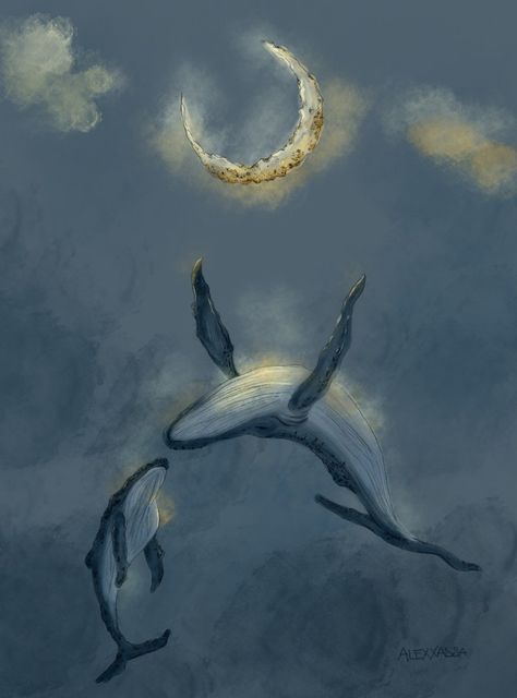 digital watercolour art from procreate of a whale at night with magical lights Whale Swimming In The Sky, White Whale Art, Space Whales Art, Whale Asethic, Whales In Space, Whale Painting Acrylic Easy, Whale Spirit Animal Meaning, Whale Coming Out Of Water, Sky Whale Art