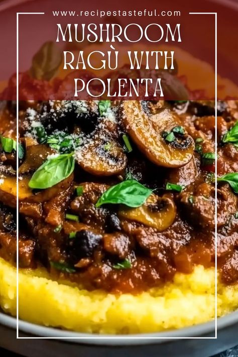 A hearty and flavorful Mushroom Ragù served over creamy polenta, perfect for a cozy dinner. This vegan-friendly dish combines a variety of mushrooms with aromatic vegetables and spices for a comforting meal. Mushroom Ragu With Polenta, Vegetable Ragu With Polenta, Mushroom Polenta Recipes, Meals With Polenta, Ragu Polenta, Vegan Polenta Recipes, Polenta Dinner Recipes, Polenta Recipes Vegan, Vegan Ragu