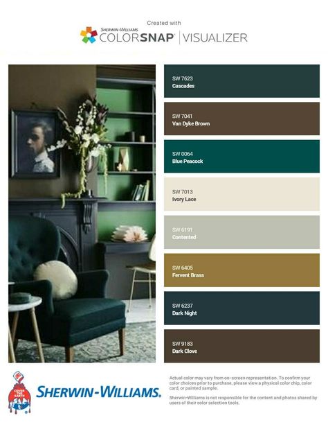 Hunter Green Pallet Color Inspiration, Dark Green Color Palette Interior Design, Color Pallet With Dark Green, Emerald Green Paint Palette, Green Living Room Palette, Modern Gothic Color Palette, Jewel Tone Color Palette Sherwin Williams, Cascades Sherwin Williams Color Palette, Cascades Color Palette