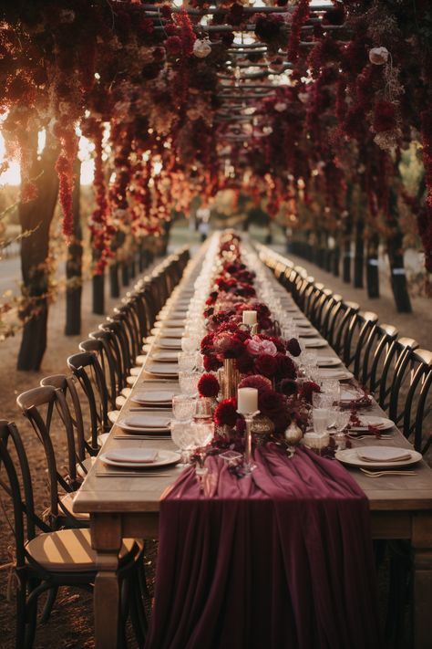 Vineyard Wedding Elegance: Rich Wine & Burgundy Inspiration Discover the allure of vineyard weddings with our rich wine and maroon inspiration. From overhead pergola decor to estate tables, find your perfect autumn wedding ideas here! Wedding Ideas Winery Vineyard, Maroon Wedding Reception Decor, Maroon Reception Decor, Red Wine Theme Wedding, Maroon Wedding Ideas Decor, Cranberry And Blush Wedding, Wine Colors Wedding, Autumn Burgundy Wedding, Burgundy Ivory Wedding