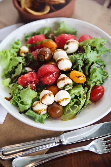 Watermelon Caprese Salad by Chef Sarah Wade, Stillwater Restaurant Watermelon Caprese, Watermelon Caprese Salad, Green Leaf Lettuce, Salad With Tomatoes, Tomatoes Mozzarella, Leaf Lettuce, Marinated Tomatoes, Buffalo Mozzarella, Balsamic Glaze