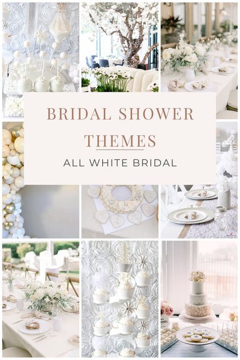 All white bridal shower theme. A very classy simple theme that will feel and look very elegant. White Themed Bridal Shower Decor, Bridal Shower Ideas White And Gold, White And Gold Bridal Shower Ideas, Bridal Shower Ideas Themed Elegant, All White Bridal Shower Ideas, Bridal Shower Theme Ideas Classy, White Bridal Shower Decorations, White Bridal Shower Decor, Classy Bridal Shower Ideas Decor