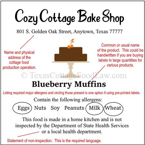 Labeling your cottage foods All cottage foods must be labeled with specific information. Q1. Do I have to label my cottage food products? A: Yes.  Q2: What is supposed to be on the label?  The rules read: (d) Labeling requirements for cottage food production operations. All foods prepared by a cottage food production operation must …  Labels Read More » Cottage License Food, Cottage Law Labels, Cottage Bakery Labels, Cottage Law Food Labels, Cottage Bakery Ideas, Cottage Food Business Ideas, Bakery Trailer, Cottage Food Business, Cottage Baking