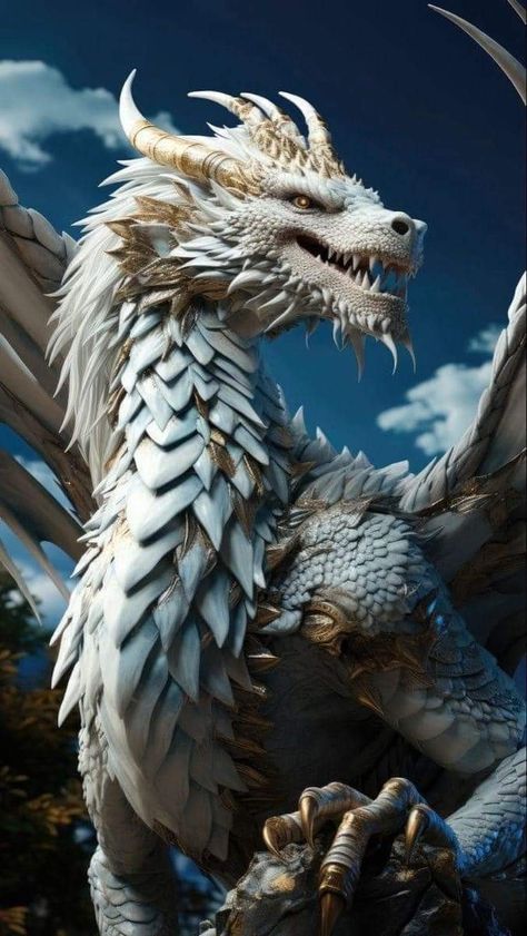 White And Gold Dragon, Dragon Clothes, Huge Dragon, White Dragons, Dragon Medieval, Dragon Wallpaper, Dragon Tattoo For Women, Mythical Creatures Fantasy, Legendary Dragons