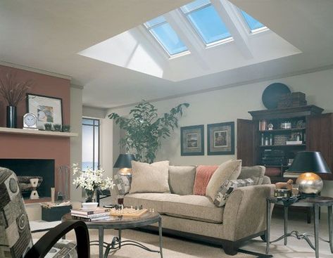 Skylight Living Room, Skylight Room, Flat Ceiling, Skylight Design, Skylight Kitchen, Velux Skylights, Skylight Window, Popular Living Room, Bedroom Ceiling Light