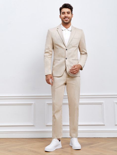 Khaki Work Collar Long Sleeve  Plain  Embellished Non-Stretch  Men Suits & Separates Nude Suit Men, Beige Suit Men, Cream Suits For Men, Beige Suits For Men, Suit For Men Wedding, Costume Beige, Suits And Sneakers, Terno Slim, Homecoming Suits