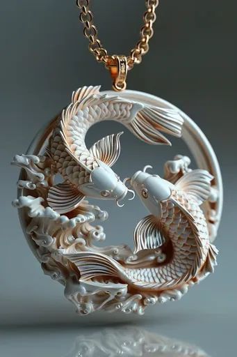 ↑↑↑ Larger size on website 🔸 The image shows a beautiful, ornate pendant necklace featuring two intricately carved koi fish. The  🔸 From Midjourney AI Image Koi Fish Necklace, Fish Pendant Necklace, Fish Earrings, Marine Art, Fish Necklace, Fish Pendant, Body Form, Pendant Design, Koi Fish