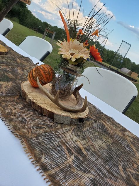 Center piece for rustic birthday at shooting range Camo Centerpiece Ideas, Skeet Shooting Party, Rustic Birthday Party Decorations, Hunting Birthday Party Decorations, Rehearsal Dinner Centerpieces, Hunting Birthday Party, Rustic Birthday Parties, Rustic Table Centerpieces, Kids Hunting