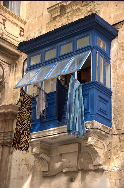 Tiger and blue An Open Window, Valletta Malta, Blue Shutters, Clothes Hanging, Beautiful Windows, Old Windows, Open Window, Beautiful Doors, Facades