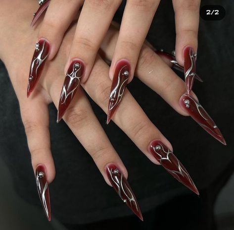 Red Air Brush Nails, Wine Red Stiletto Nails, Ruby Red Nails Designs, Succubus Nails, Sigil Nails, Black With Red Nails, Goth Red Nails, Gothic Red Nails, Black And Red Stiletto Nails