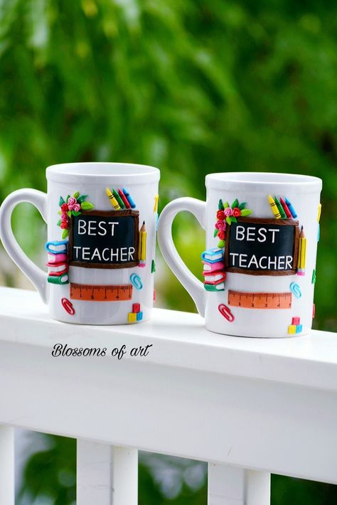 Teacher's day gift ideas/ miniature art / clay craft /gift for teachers/ cold porcelain clay Diy With Polymer Clay, Clay Gifts For Teachers, Teacher Polymer Clay Mug, Cup Clay Art, Polymer Clay Teacher Gift, Clay Art On Mug, Teacher Day Gifts Ideas, Teacher Polymer Clay, Teachers Day Gift Ideas