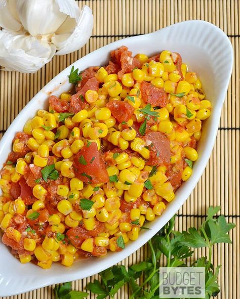 Sautéed Corn and Tomatoes Corn With Tomatoes, Sautéed Corn, Basil Paste, Sauteed Corn, Tomato Side Dishes, Corn And Tomato, Sauteed Tomatoes, Basil Salt, Healthy Oil