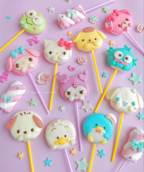 Cute Food Sanrio, Sanrio Birthday Treats, Sanrio Party Food, Sanrio Marshmallow, Sanrio Cake Pops, Sanrio Bday Party, Sanrio Birthday Ideas, Sanrio Treats, Sanrio Baking