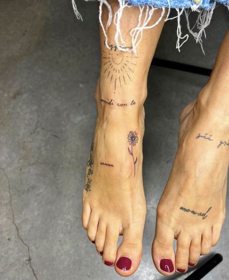 Script Ankle Tattoo, Dainty Feet Tattoos, Patchwork Foot Tattoo, Ankle Shin Tattoos For Women, Front Foot Tattoo, Delicate Leg Tattoos For Women, Be Where Your Feet Are Tattoo, Lower Body Tattoos, Tattoo Feet Women