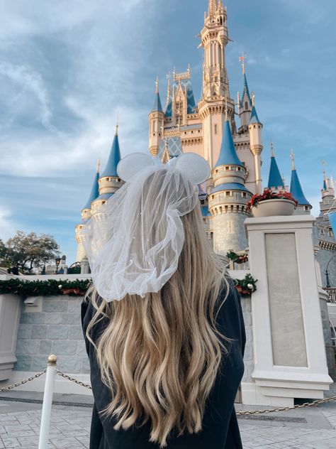 These disney bridal ears were the perfect touch for celebrating around disney property. 🤍 Disney Wedding Ears, Engagement Party Disney, Bride And Groom Disney Ears, Disneyland Honeymoon Outfits, Bride Mickey Ears, Bride Disney Ears, Bridal Mickey Ears, Disney Bride Ears, Disney Bachelorette Outfits