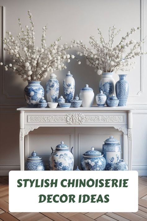 Chinoiserie embodies an exquisite fusion of sophistication and enchanting allure, infusing any room with a timeless sense of loveliness. Whether through ornate motifs, graceful silhouettes, or delicate accents, this art style brings a unique charm that effortlessly elevates the ambiance of your space. Explore the beauty and refinement of Chinoiserie decor to create an elegant retreat in your home. Chinoiserie Decorating Living Room Chic, Ginger Jar Decor Ideas, Chinoiserie Crafts, Chinoiserie Chic Living Room, Chinoiserie Table Decor, Chinoiserie Chic Interior Design, Chinoiserie Chairs, Chinoiserie Living Room, Decorating With Blue And White Porcelain