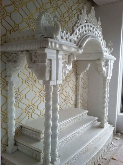 #Mandir in White #Marble with Gold painted and #Carving background wall #cladding #kamleshpanchal #stonecarving #7014138598 Pooja Room Marble Design, Mandir Design Puja Room Marble, Sangmarmar Temple For Home, Marbel Mandir Home, Marble Pooja Mandir Ideas Design, Marble Puja Mandir, Marbal Mandir Home, Marbal Mandir Design Puja Room, Marble Mandir Design Puja Room Modern