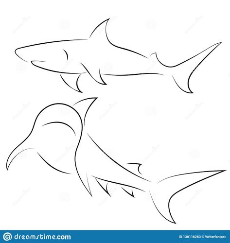 Black Line Sharks On White Background. Hand Drawn Linear Sketch. Stock Vector - Illustration of icon, contour: 130116263 Small Shark Tattoo, Hai Tattoo, Shark Drawing, Ocean Tattoos, Muster Tattoos, Shark Art, Shark Tattoos, Tattoo Outline, Black Line