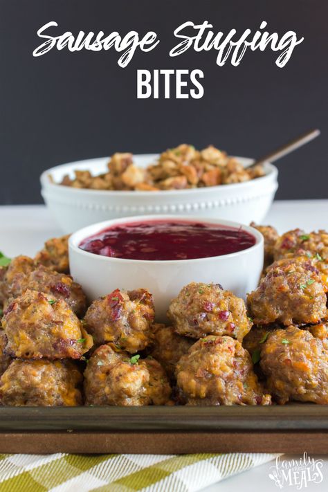 Sausage Stuffing Bites with Cranberry Dipping Sauce #thanksgiving #appetizer #thanksgivingappetizer #stuffing #sausage #sausagebites #sausageballs #birdballs #holidays #holidayfood #familyfreshmeals Sausage Stuffing Bites, Cranberry Dipping Sauce, Stuffing Bites, Stuffing Sausage, Stuffing Balls, Thanksgiving Appetizer, Veggie Sausage, Sausage Stuffing, Stuffing Ingredients