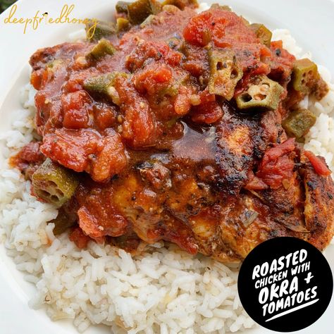 Roasted Chicken with Okra and Tomatoes • deepfriedhoney Recipe For Roasted Chicken, Birria Quesatacos, Roasted Chicken Breasts, Okra And Tomatoes, Homemade Meat Sauce, Okra Recipes, Tasty Meat, Roasted Chicken Breast, Roast Chicken Recipes