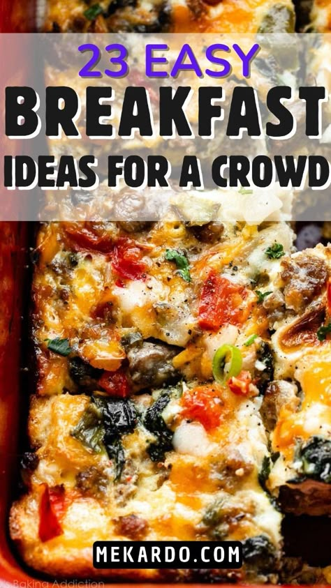 Struggling to feed a hungry crowd at breakfast? Ditch the stress and impress your guests with an effortless spread! We've got 23 delicious and easy breakfast ideas that cater to all tastes, from sweet and savory casseroles to grab-and-go parfaits and breakfast burritos.  Imagine fluffy pancakes or a hearty egg bake, all prepared in advance and ready to fuel your morning gathering. No more scrambling (pun intended!) in the kitchen - these crowd-pleasing recipes will have you looking like a breakfast hero with minimal effort.  So ditch the boring cereal and browse our tasty selection to find the perfect breakfast for your next gathering! Large Group Breakfast Ideas Brunch Recipes, Breakfast Meats For A Crowd, Breakfast For Visitors, Big Crowd Breakfast Ideas, Brunch Egg Recipes For A Crowd, Breakfast Ideas For 10 People, Breakfast For Ladies Group, Easy Take Along Breakfast Ideas, Easy Breakfast For 10 People