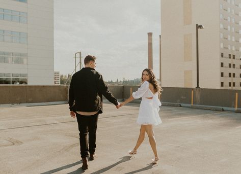 Engagement Pictures Rooftop, Rooftop Elopement Photoshoot, Downtown Riverside Photoshoot, Rooftop Engagement Shoot, Engagment Shoot Outfits, Rooftop Engagement Photoshoot, Engagement Photo Downtown, Downtown Couple Photoshoot Summer, Engagement Photos Town