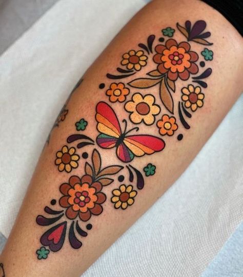 Bright Traditional Tattoo, American Traditional Rainbow Tattoo, Gerber Daisy Tattoo Color, Tattoo Filler Ideas For Women, Girly Traditional Tattoo, Left Tattoo, Girly American Traditional Tattoo Ideas, Hippie Tattoo, Traditional Tattoo Flowers