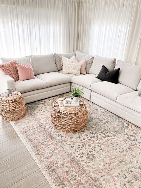 Area Rug Beige Couch, Area Rug Living Rooms, Rug On Grey Carpet Living Room, Lounge Room Rug Ideas, Living Room Rug Light Wood Floor, Rug For Lounge, Faded Persian Rugs, Lounge Rug Ideas, Lounge Room Rug