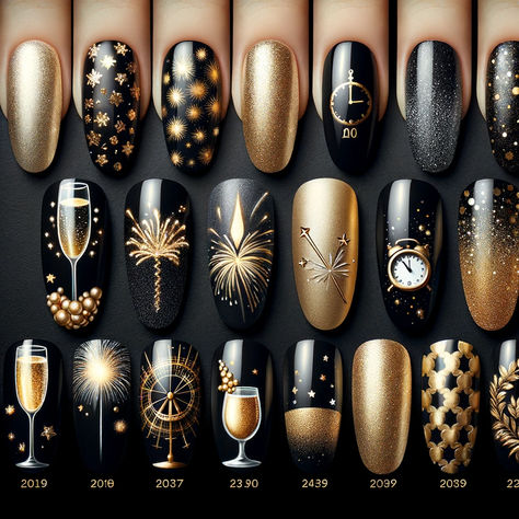 Dive into the celebration of elegance with our Festive Nail Art Collection. Each nail tells a story of luxury and time, featuring glittery golds, sophisticated blacks, and symbols of New Year's Eve festivities. Perfect for Pinterest browsers seeking inspiration for their next special occasion manicure Nail Art New Years Eve, Gold And Black New Years Nails, New Year’s Eve Nails￼, Black And Gold New Years Nails, Nails For New Years Eve, Nails To Buy, New Year Eve Nails, New Years Eve Nail Designs, New Years Eve Nails Ideas