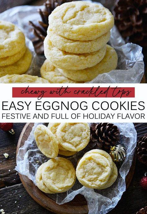 Eggnog Cookies are flavored with eggnog, laced with nutmeg, scented with vanilla, and soft and chewy inside and crispy outside. Whip up the whole batch in just over 30 minutes for the perfect last-minute addition to your cookie tray! Recipes With Eggnog In It, Egg Nog Cookies, Eggnog Cookies Easy, Melt In Your Mouth Eggnog Cookies, Soft Eggnog Cookies, Eggnog Meltaway Cookies, Eggnog Gooey Butter Cookies, Recipes Using Eggnog, Egg White Cookies