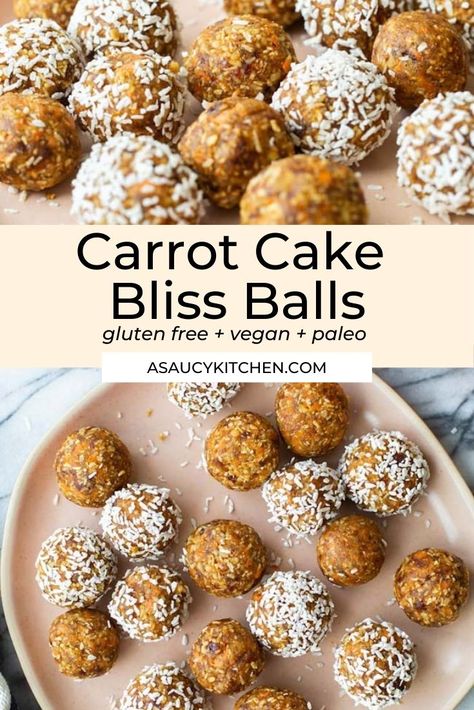 Get the carrot cake flavours you love without all the hassle through these easy to make no bake energy bites! Blended up dates, walnuts, coconut, carrots and spices make for a healthy and wholesome snack you can grab in a pinch. | Gluten Free + Paleo + Vegan No Bake Carrot Cake, Vegan Bites, Cake Flavours, No Bake Energy, Butter Carrots, Easy Carrot Cake, No Bake Energy Bites, Raw Carrots, Wholesome Snacks