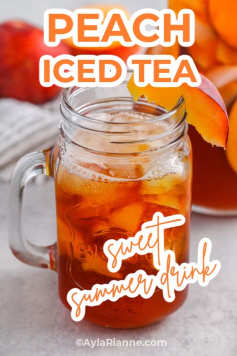 Cool off with this delicious homemade Peach Iced Tea! 🍑🧊 Brewed with black tea and infused with sweet, juicy peach syrup, this refreshing drink is perfect for hot summer days. Simple, flavorful, and irresistibly refreshing – your new favorite summer beverage awaits! via @aylarianne Peach Tea Recipe, Peach Iced Tea, Spiced Peaches, Flavored Ice, Southern Sweet Tea, Peach Syrup, Perfect Summer Drink, Peach Ice Tea, Ginger Peach