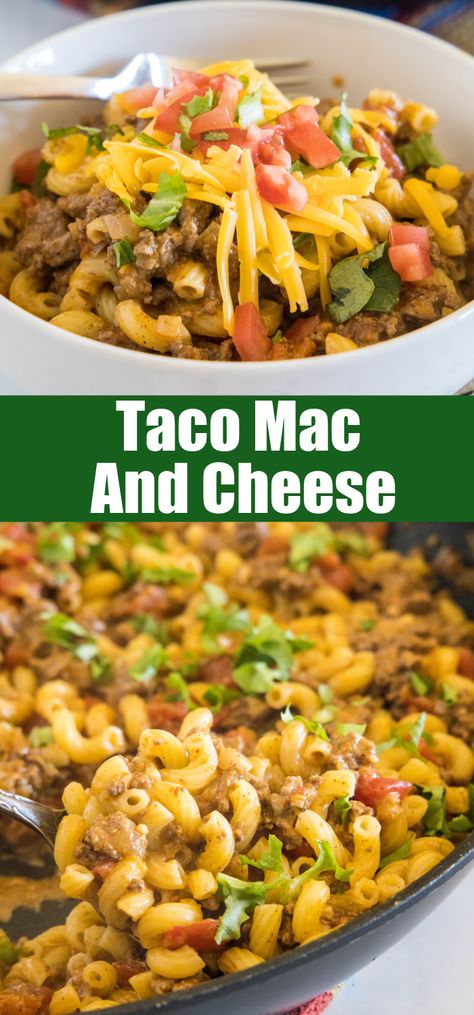 This easy taco mac and cheese recipe combines two favorite comfort foods into one cheesy, flavor-packed skillet dinner! Taco Mac And Cheese Kraft, Taco Mac, Taco Mac Recipe, Taco Mac And Cheese, Easy Mac N Cheese, Easy Taco, Best Pasta Recipes, Dinner Recipes Easy Quick, Quick Easy Dinner