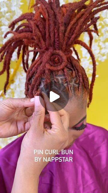 Loc Updo Shaved Sides, Loc Petal Mohawk Styles, Pin Curl Loc Styles, Locs Pin Up Styles, Loc Pin Curls, Loc Petal Updo, Nappstar Locs Styles, Updo For Locs, Mohawk Loc Styles