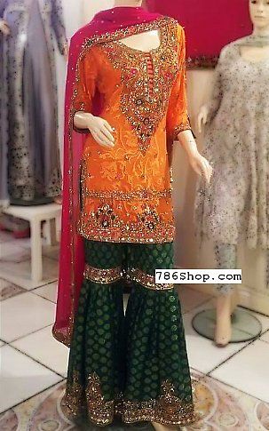 Orange/Green Chiffon Suit | Buy Pakistani Fashion Dresses and Clothing Online in USA, UK Elegant Multicolor Party Sets, Silk Sharara For Summer Party, Green Organza Sets For Formal Occasions, Festive Multicolor Formal Dresses, Green Georgette Sets For Formal Occasions, Green Georgette Formal Sets, Formal Green Georgette Sets, Fitted Orange Organza Dress, Orange Organza Wedding Dress