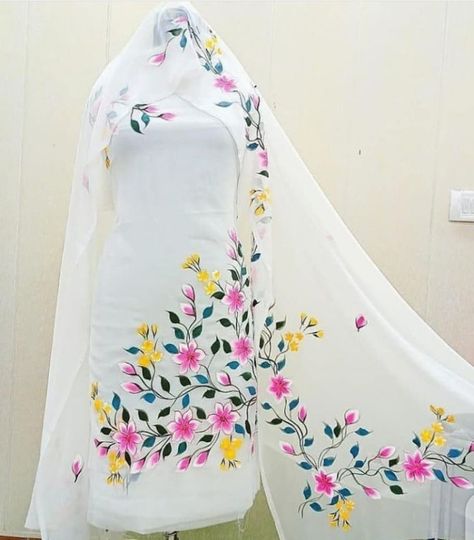 Please subscribe my YouTube channel Samfree Styles White Suit Painting Design, Wedding Illustration Card, Hand Painted Dress, Fabric Paint Designs, Art Painting Tools, Hand Painted Fabric, Wedding Illustration, Embroidery Suits, Fabric Paint