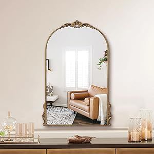 GA Home Carved Arched Wall Mirror, 20" x 30" Antique Gold Bathroom Mirror, Ornate Baroque Decorative Mirror for Living Room, Fireplace, Bedroom, Entryway Gold Mirror For Bathroom, Gold Bathroom Mirror Ideas, Living Room Mirror Wall Decor, Gold Arched Mirror, Gold Bathroom Mirror, Gold Arch Mirror, Vintage Vanity Mirror, Fireplace Bedroom, Antique Gold Mirror