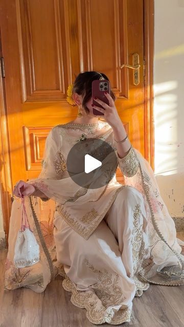 MARIA SAJJAD on Instagram: "HandPainted Sharara Set.   Handpainted duppata with Embellished shirt & Embellished sharara .  Fabric: Raw silk 80gms for kameez, 80gms embellished Sharara pure Silk organza for Duppata .  Color: Cream . Package: Stitched 3Pcs  Customization: Fabric, color & layout customization is available along with custom stitching to your measurements  Delivery Time: Each piece is custom made thus a minimum of 8-9 weeks of delivery time is required" Cream Suits Women, Sharara For Women, Silk Sharara, Color Layout, Raw Silk Dress, Embellished Shirt, Sharara Suit, Dresses Classy, Women Dresses Classy