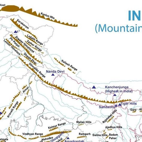 Indian Mountain Map, Mountain Ranges In India Map, Geography Flashcards, Himalayas Map, Knowledgeable Facts, Mountain Map, Geography Notes, Basic Geography, Exam Preparation Tips