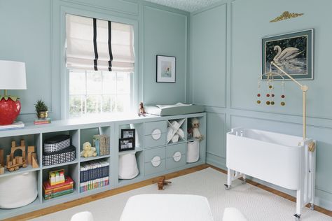 Neutral Modern Nursery, Aqua Paint Colors, Nursery And Playroom, Toy Clutter, Storage Cubbies, Aqua Paint, Ikea Bookshelves, Spot Design, Drawer Inserts