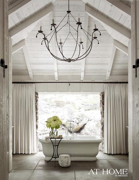 Atlanta Homes & Lifestyles: Rustic bathroom with vaulted wood ceiling with whitewash finish and Lowcountry Originals ... Lakeside Lodge, Modern Lake House, Bathroom Retreat, Design Blogs, Atlanta Homes, Sopot, Bad Design, Wood Ceilings, Rustic Bathroom