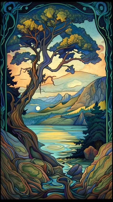 Immerse yourself in the beauty of nature with our collection of Art Nouveau landscape paintings. Each piece captures scenic and picturesque views of mountains, oceans, and forests, blending the elegance of Art Nouveau with the tranquility of the natural world.  Our high-definition artworks are perfect for adding a touch of serenity and sophistication to any space. Discover the harmonious blend of flowing lines, intricate details, and vibrant colors that bring these enchanting landscapes to life. Best Composition Paintings, Landscape Design Paintings, Art Nouveau Mountain, Silhoutte Ideas Art Nature, Art Nouveau Forest, Painting Landscape Ideas, Cool Art Paintings, Art Nouveau Landscape, Art Deco Ocean