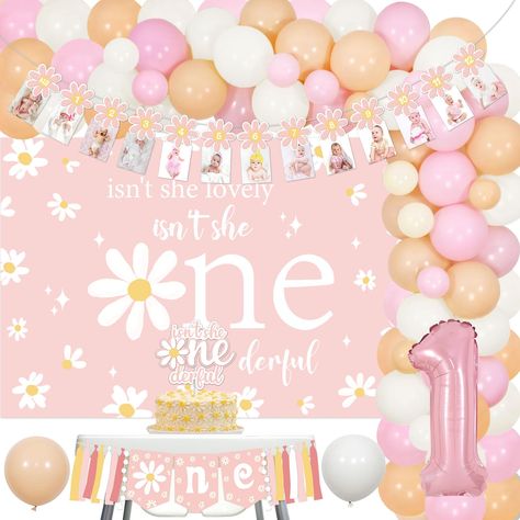 PRICES MAY VARY. Daisy Isn’t She Onederful Party Decorations: Package includes 30 latex balloons 12 inches, 15 latex balloons 5 inches, 1 number 1 foil balloon 32 inches, 1 daisy first birthday photo banner, 1 isn't she lovely isn't she onederful backdrop 3.3x4.9ft, 1 isn't she onederful cake topper, 1 one high chair banner, 1 balloon tape strip, 1 adhesive dots and 2 white ribbons 33ft. Premium Quality: The backdrop is made of vinyl, which is lightweight and easy to carry. And the birthday cake Isn’t She One Derful Birthday, Isnt She Lovely Isn’t She Onederful, One Derful First Birthday Girl, Isn't She Onederful Birthday, Isnt She Onederful Birthday Theme, Hippie Baby Girl, One Year Old Birthday Party Girl, Hippie Birthday, Hippie Baby