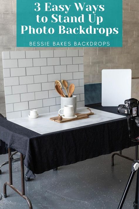 3 Easy ways to stand up photography backdrops via @bessiebakes Product Photography Backdrops, Photography Background Diy, Food Photography Studio, Food Product Photography, Photography Set Up, Props Storage, Photography Backdrops Diy, Kitchen Background, Food Photography Background