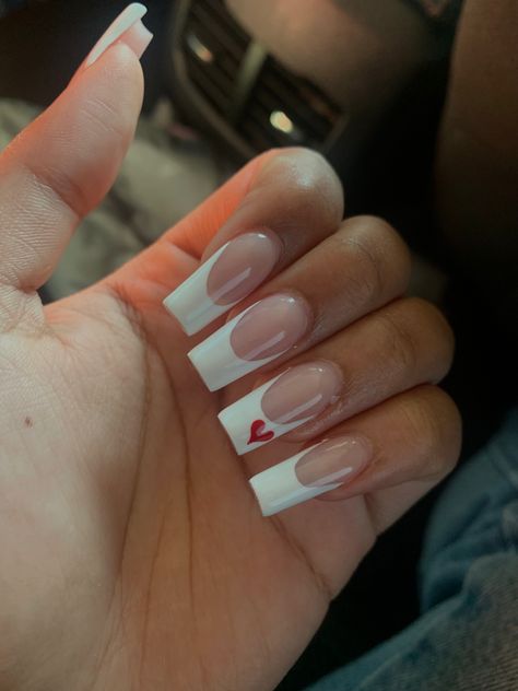 Long French Tip Nails With Heart, Nails W Heart Design, French Tip Acrylic Nails Coffin Heart, White French Too Acrylics, White French Tip Nails With Design Heart, Pink French Tip Nails Square With Heart, French Tip Acrylic Nails With Red Heart, Nail Ideas Red Heart, French Tip Nails Square With Heart