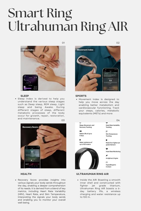 Ultrahuman Ring AIR - Advanced sleep-tracking wearable, HRV, Heart rate & temperature monitoring, Track workout, movement & recovery, Water resistant up to 100 m, 6 days battery life. Sleep Index Movement Index Recovery Score Workout tracking Stimulant window recommender Circadian Phase Alignment Choose the right size: Available in 7 sizes Available in 6 languages Ultrahuman Ring AIR X Ultrahuman M1: Get personalised glucose insights with the insights of the Ultrahuman Ring AIR. Ultrahuman Ring Air, Ultrahuman Ring, Stages Of Sleep, 2025 Mood, Rem Sleep, Physically Fit, 2023 Wishlist, Track Workout, Adventure Sports