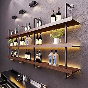 Dawselod 62.9in Large Wine Rack with LED Light Solid Wood Wall Mounted Wine Rack, 3-Tiers Liquor Bottles Floating Shelves Display Storage Organizer for Home Bar & Dining Room (Black, 160cm/62.9in) Wall Mounted Liquor Shelf, Liquor Shelves Bottle Display Bar Ideas, Bar Bottle Display Ideas, Bar Bottle Display, Bar Shelves Ideas, Floating Bar Shelves, Bar Shelf Ideas, Floating Shelves Display, Wall Bar Shelf