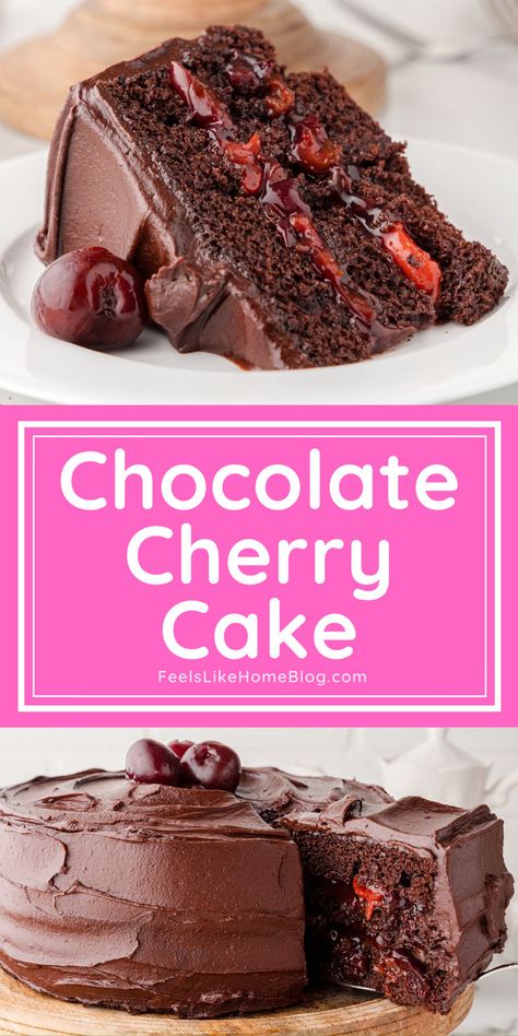 A rich and decadent chocolate cherry cake filled with cherry pie filling, perfect as a layer cake or Black Forest cake for birthdays, with options for easy cherry desserts, quick and easy desserts, and gluten-free, made from scratch with the title “chocolate cherry cake" Chocolate Cake Cherry Pie Filling, Chocolate Cake With Cherry Filling, Cherry Filling Dessert, Cherry Filling Recipes, Cherry Cake Filling, Black Forest Cherry Cake, Cherry Chocolate Cake, Cherry Cake Recipe, Black Forest Cake Recipe