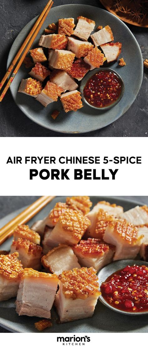 Air Fryer Chinese 5-Spice Pork Belly Asian Pork Belly Recipes, Air Fryer Chinese, Crackling Recipe, Asian Pork Belly, Roasted Pork Belly Recipe, Rice Asian, Pork Belly Recipes Crispy, Asian Greens, Lemon Cupcake Recipe